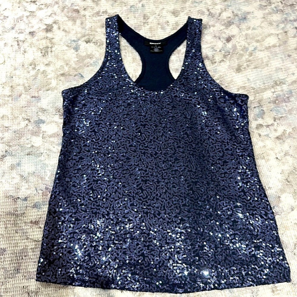 DKNY NAVY SEQUINS Racerback TANK TOP. Rich Navy Blue. Size SMALL 6-8-10 NWOT